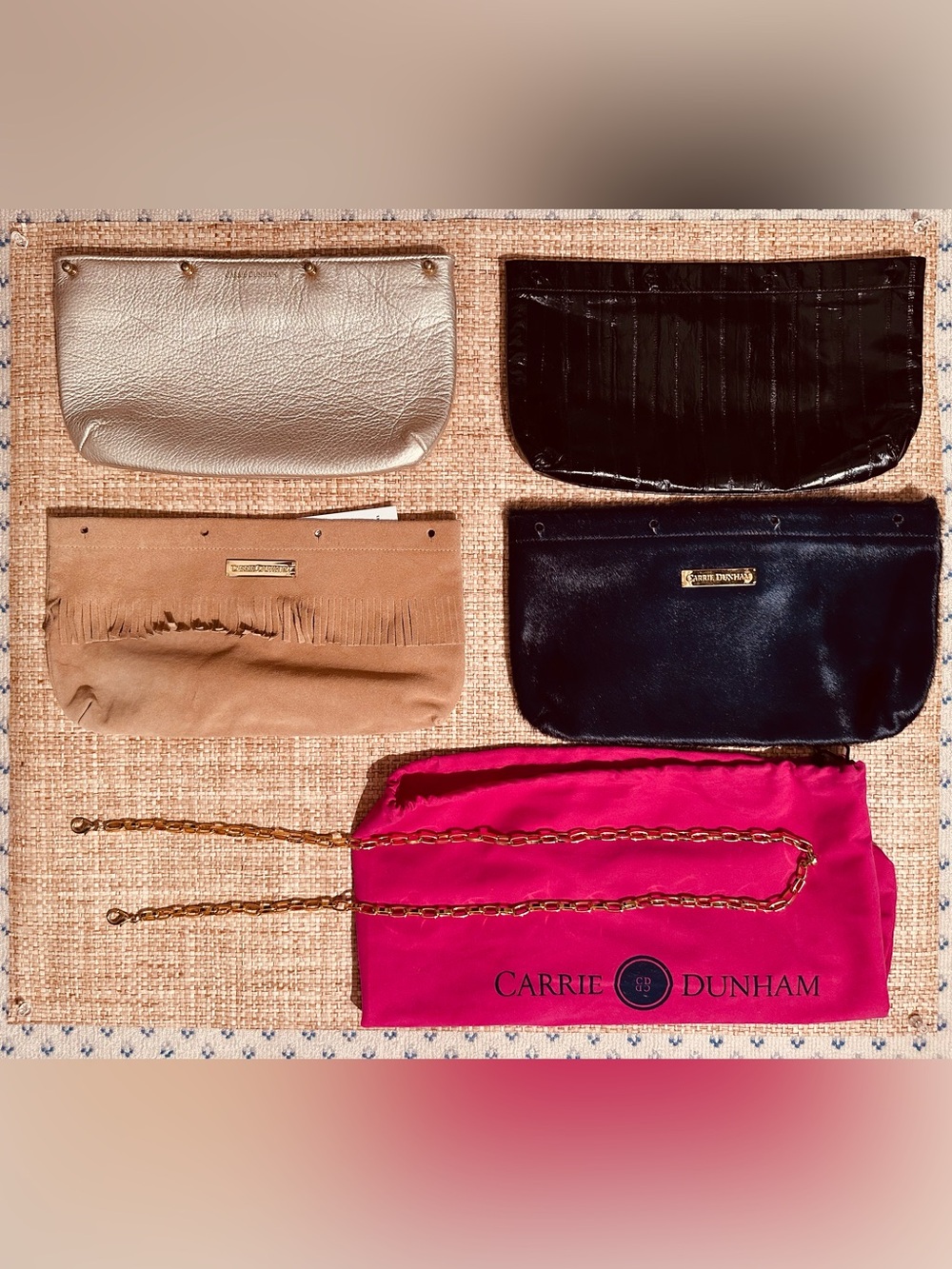NWT Carrie Dunham interchangeable clutch/crossbody purse, 3 covers & dust bag